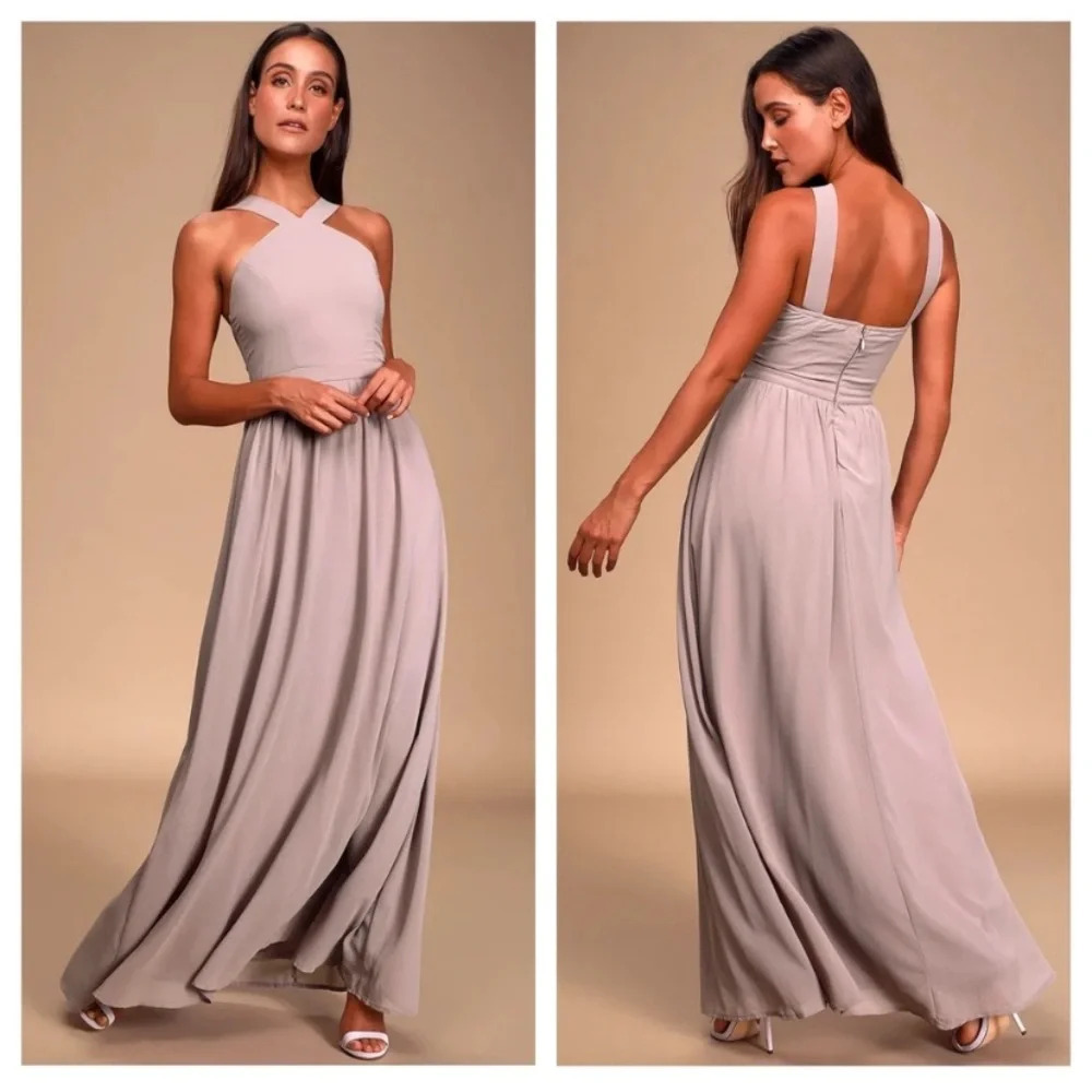 Lulu's Blush Taupe Crisscross Halter Maxi Dress